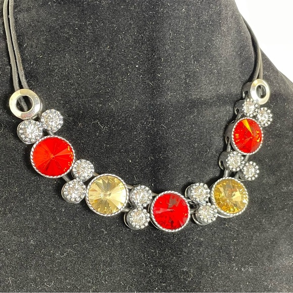 Stunning Red, Gold, and White Crystal Coker Necklace on leather strands - Picture 3 of 5